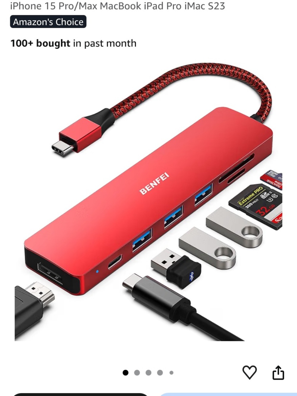 Red USB-C Multiport Hub with HDMI, 3x USB-A & SD/TF Card Readers